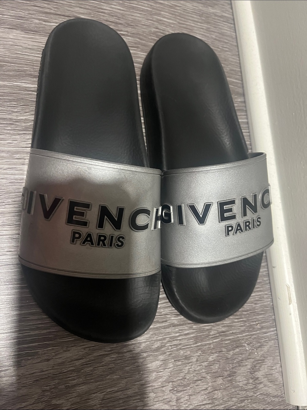 Givenchy Silver Strap Black Footbed Slide Sandals